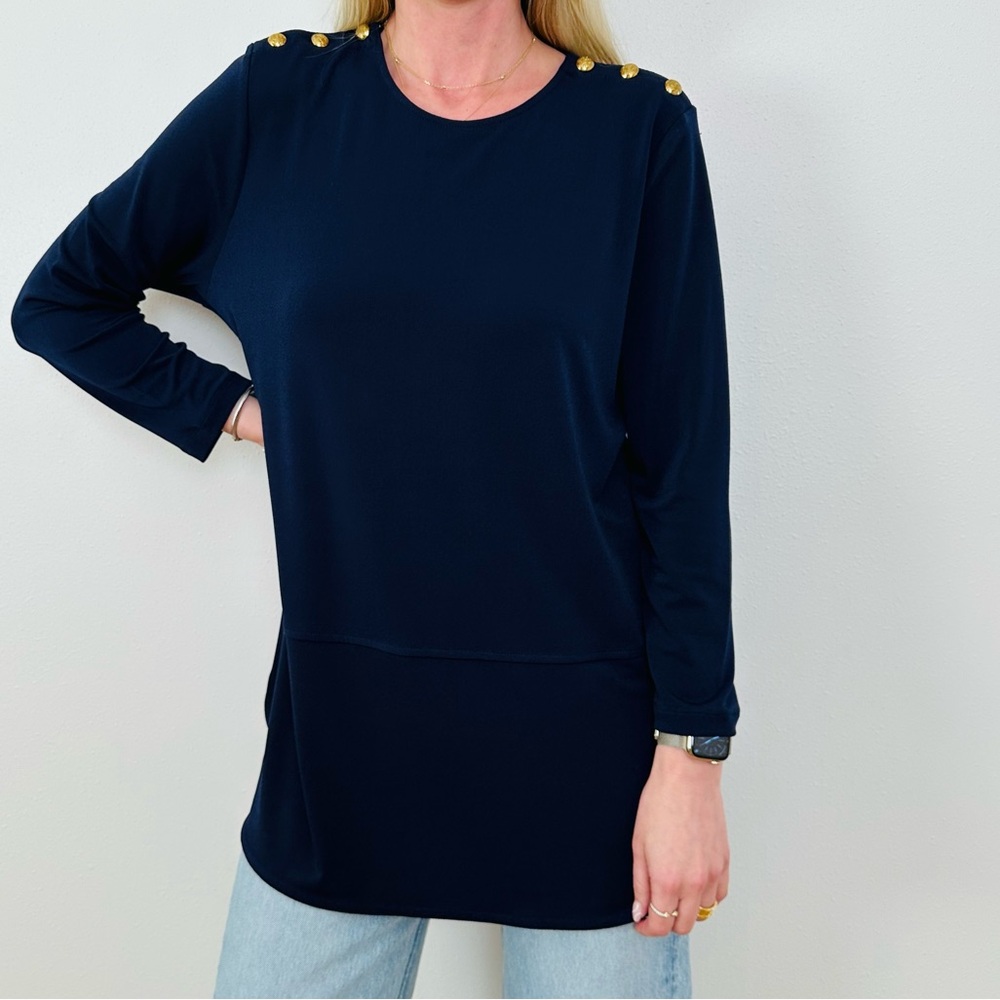 New Lauren Ralph Lauren Navy Blue Blouse Top with Gold Button Details - Picture 3 of 8